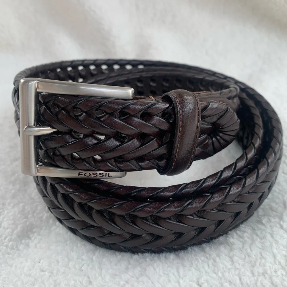 Fossil Myles Dark Brown Braided Leather Belt with Brushed Nickel Buckle 40